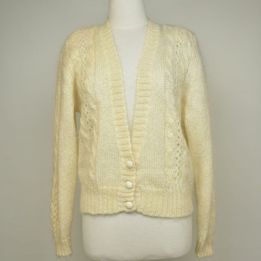 Vintage 80s Mohair Cardigan Sweater - Deep V Neck - Cable Knit