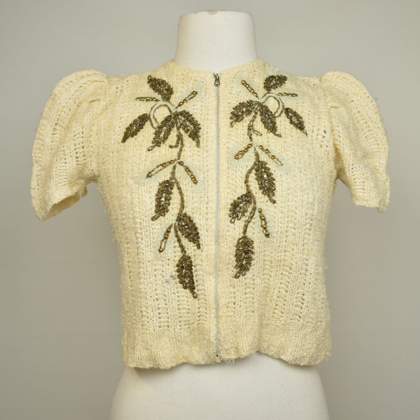 Vintage 1930s Zip Front Sweater with Decorative Gold Embroidery, Bejewelled and Beaded - Talon Zipper