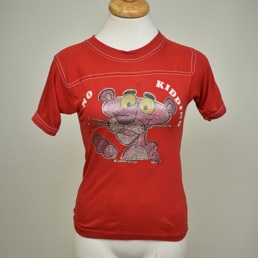 Vintage 80s Pink Panther Sparkly Heat Transfer T-shirt - As Is - No Kidding - Flocked Letters - Cooper Font