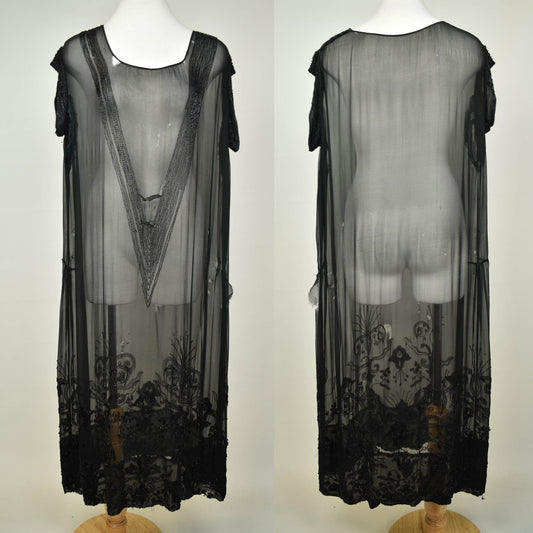 Incredible Vintage 1920s Flapper Dress - Beaded Black Silk - Holes Throughout