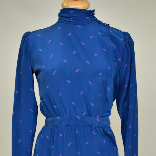 Vintage 80s Silk Secretary Dress in Vivid Blue Silk with Abstract Pink Pill Print by Maggie London Petites - Size 6 Petite