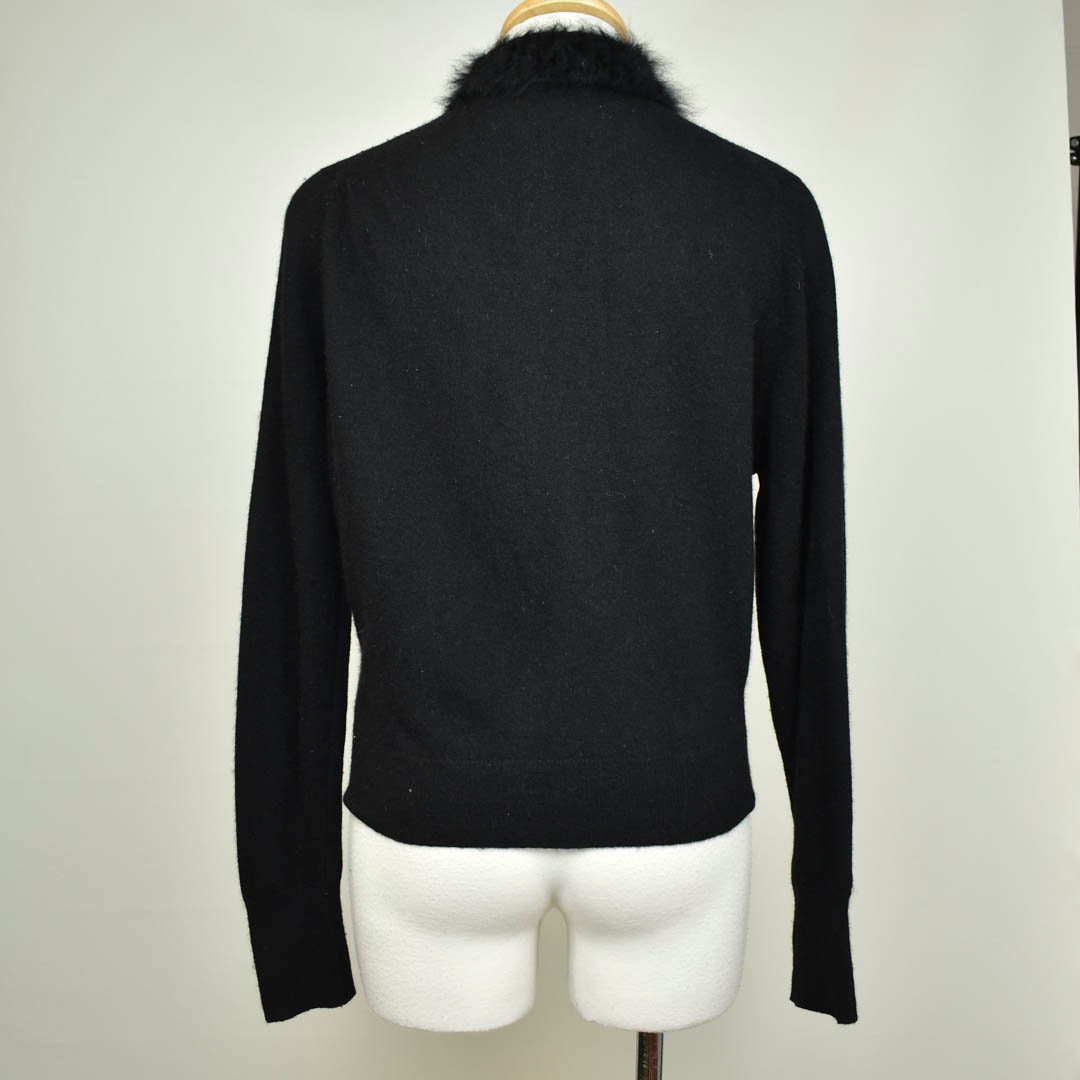 Vintage Angora Black Sweater - Fur Collar - Lambs Wool - Angora Rabbit - Fits S/M