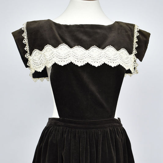 Vintage 70s Pinafore Dress- Made in USA - Size 9 - Sailor Style Lace Collar - Black Velvet