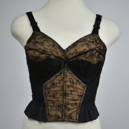 Vintage 1960's "Another Peter Pan Look Fashion" Bustier Inspired By Oleg Cassini Black and Nude with Embroidered Floral Mesh Detail