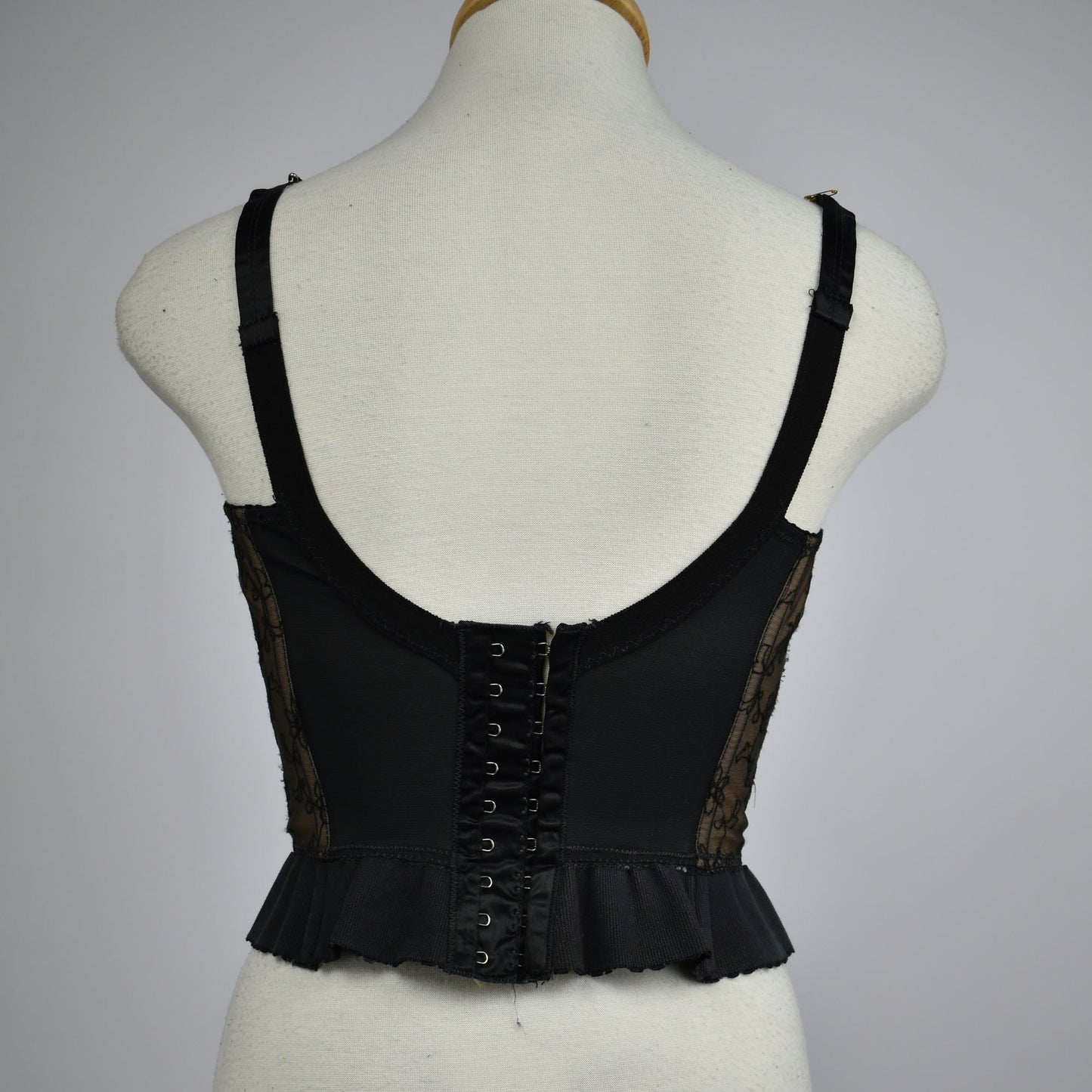 Vintage 1960's "Another Peter Pan Look Fashion" Bustier Inspired By Oleg Cassini Black and Nude with Embroidered Floral Mesh Detail