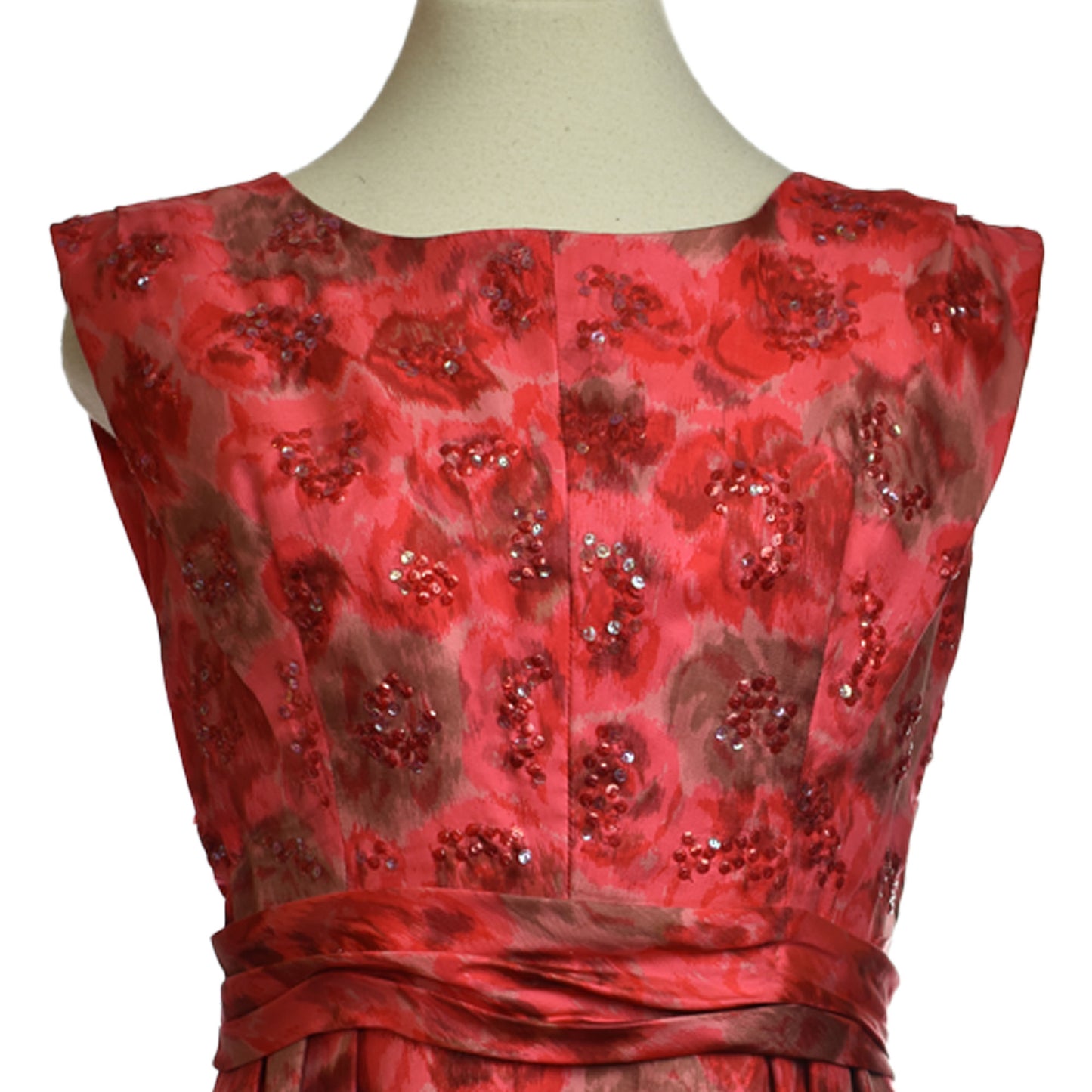 Vintage 1950s/1960s I.Magnin & Co Red Abstract Floral Sleeveless Low Back Cocktail Party Wiggle Dress