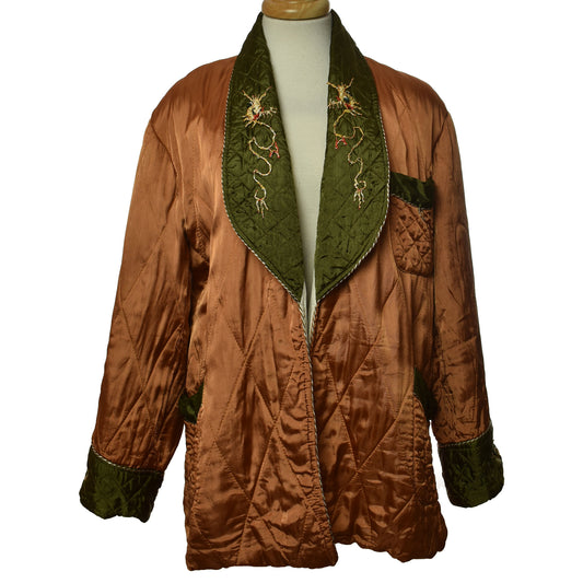 Vintage Gold Satin Quilted Smoking Jacket with Olive Satin Collar and Cuffs with Decorative Embroidered Dragons