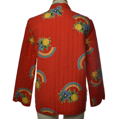 Vintage 70s Katch Red Quilted Jacket With Rainbows and Flowers