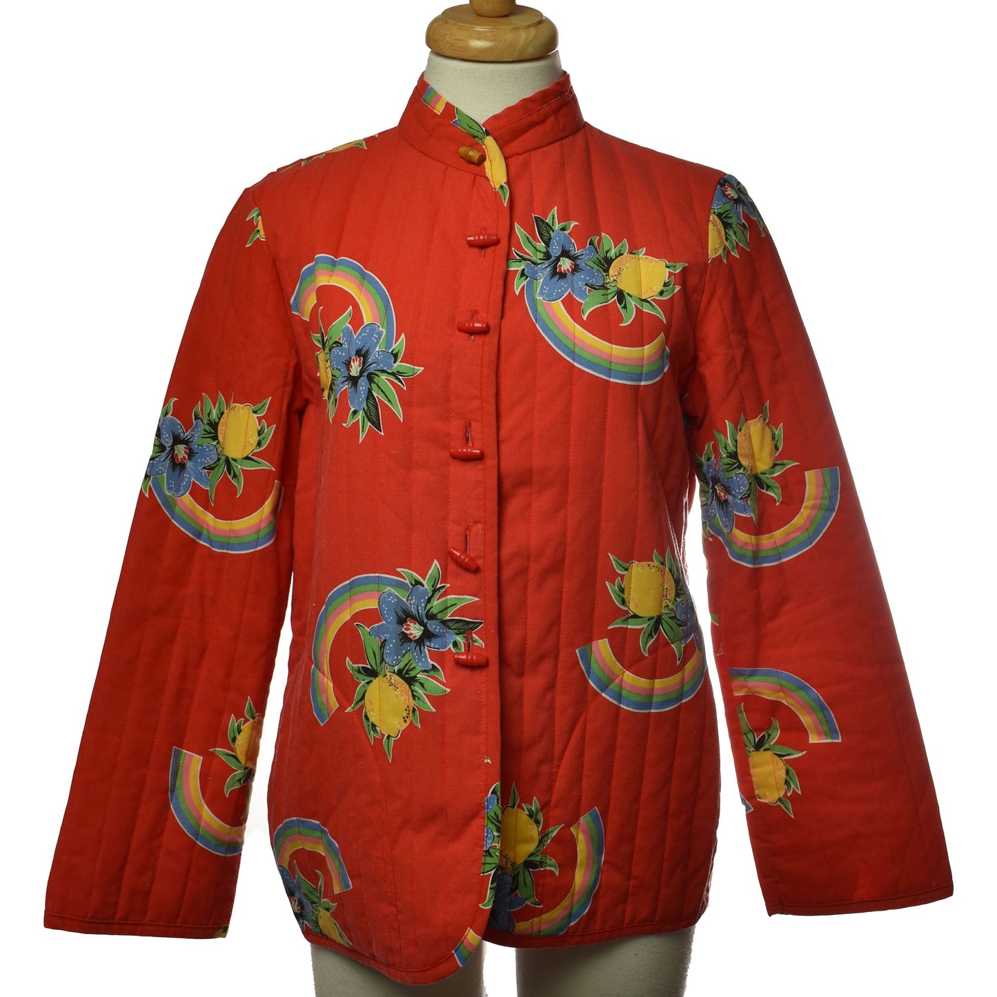 Vintage 70s Katch Red Quilted Jacket With Rainbows and Flowers