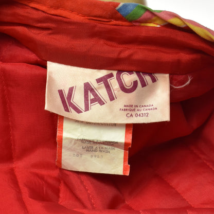 Vintage 70s Katch Red Quilted Jacket With Rainbows and Flowers