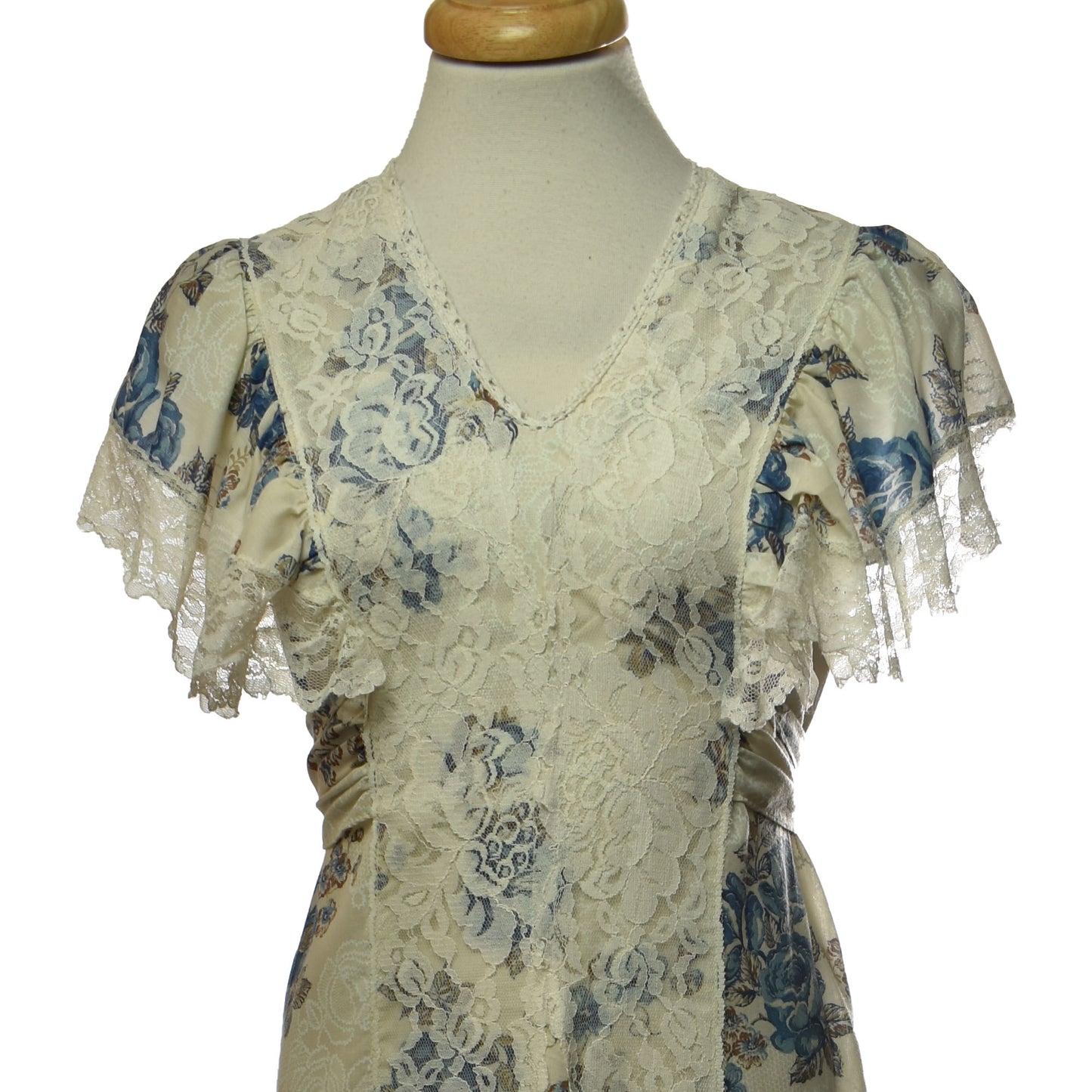 Vintage 70s Gunne Sax Style Blue Floral Lace Prairie Dress With Lap Over Ruffled Sleeve