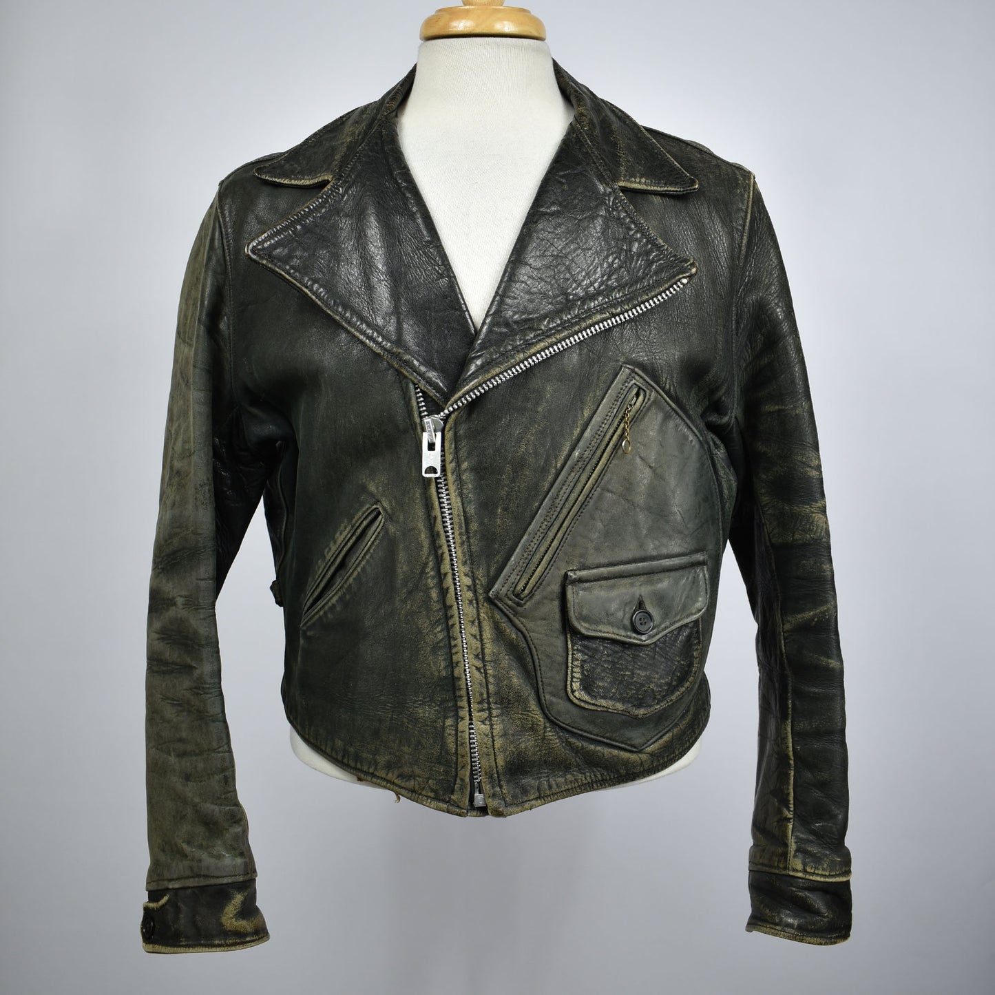 Vintage D Pocket Chain Zipper Motorcycle Leather Jacket
