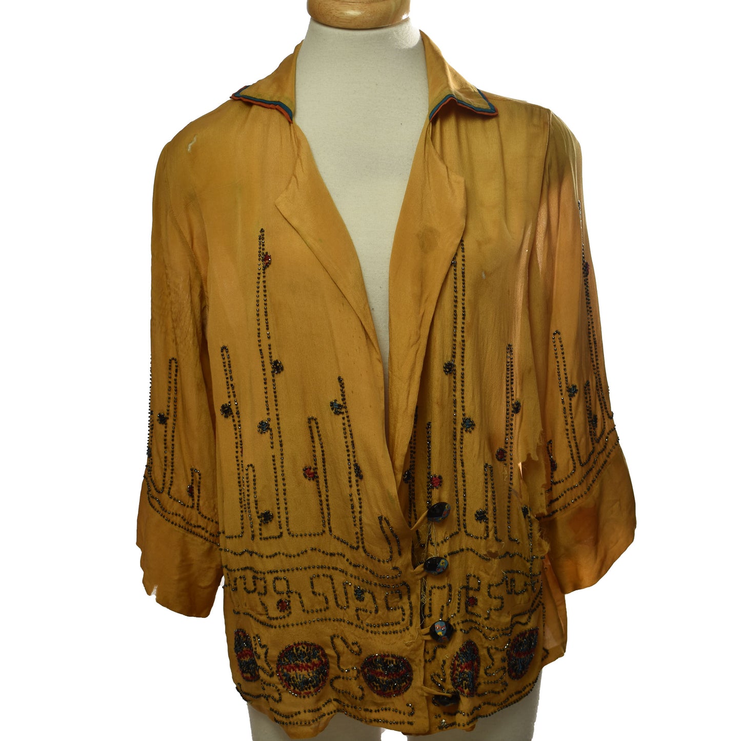 Antique 1920s Flapper Beaded Mustard Notched Collar Silk Blouse