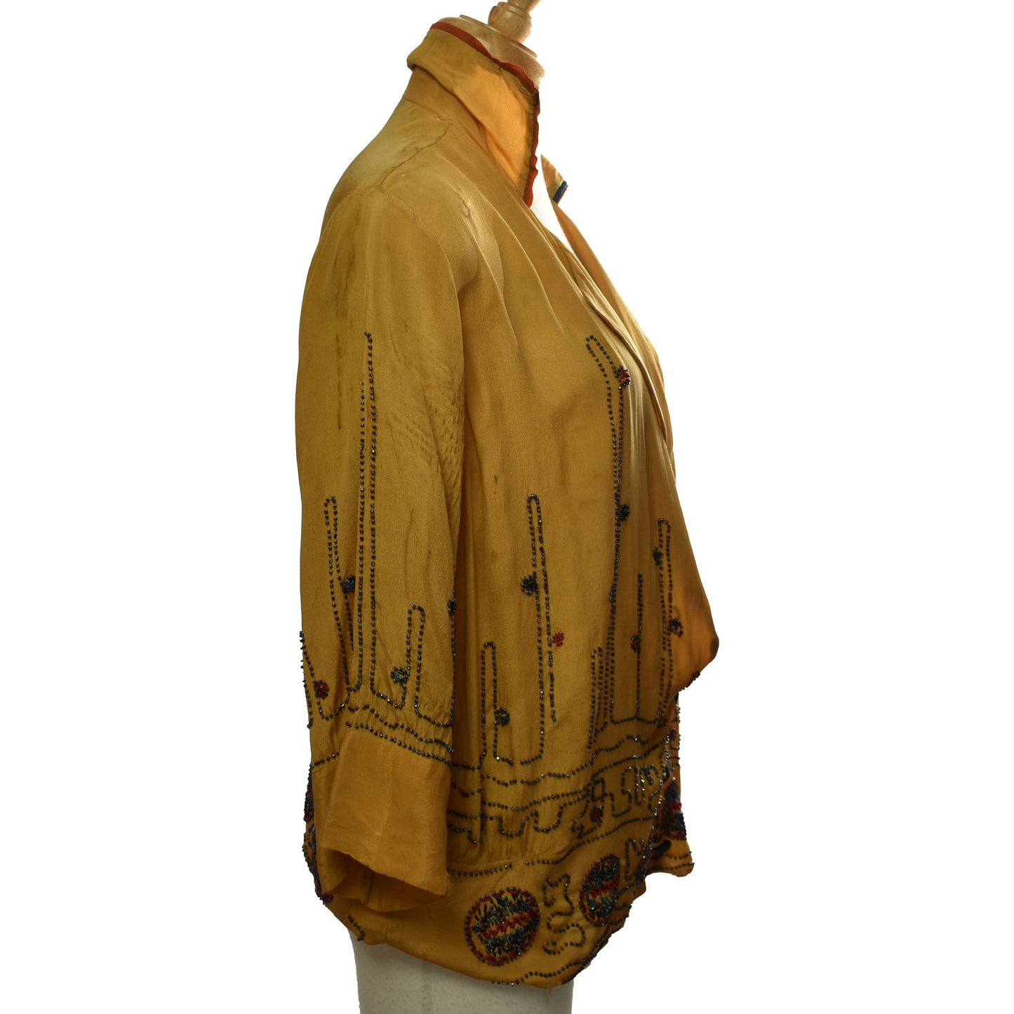 Antique 1920s Flapper Beaded Mustard Notched Collar Silk Blouse