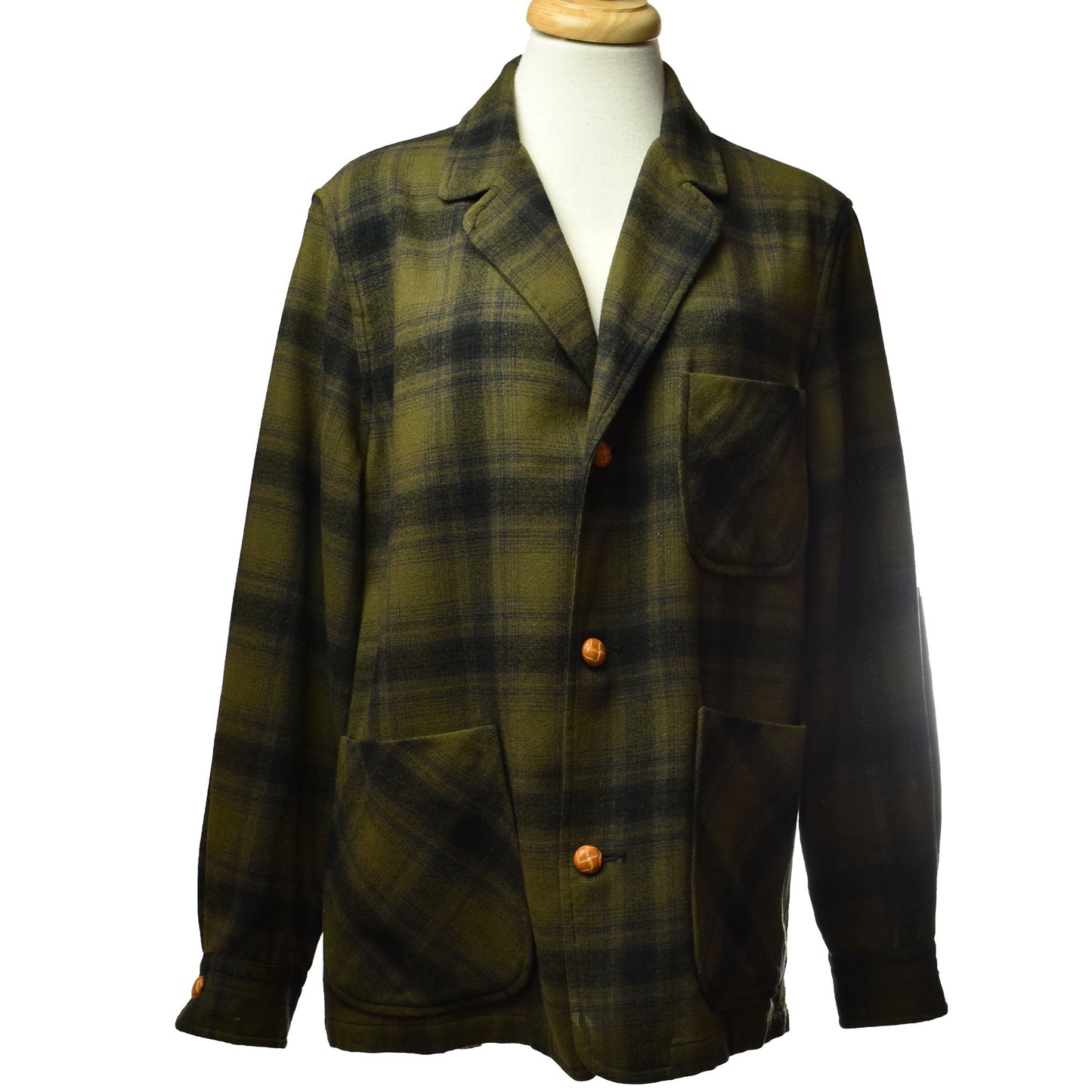 Vintage Pendleton 100% Virginia Wool Forest x Olive Green Plaid 49er Blazer with Woven Leather Buttons