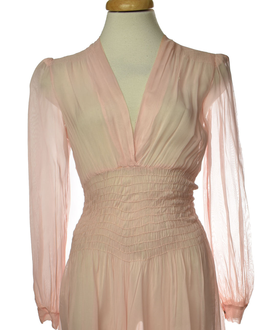 Vintage 50s Sheer Pink Ruched Waist Dress with Gorgeous Lace Trim