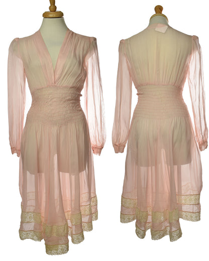 Vintage 50s Sheer Pink Ruched Waist Dress with Gorgeous Lace Trim