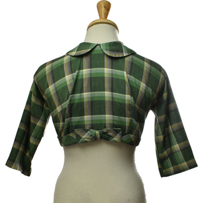 Vintage 50s Handmade Cute Cropped Green Plaid Button Up Back Blouse with 3/4 Sleeve, Peter Pan Collar and Bow Accent Waistband