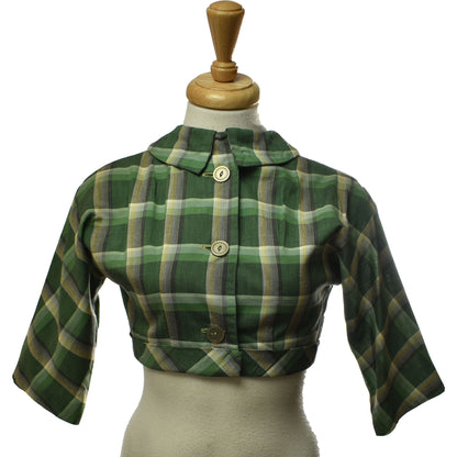 Vintage 50s Handmade Cute Cropped Green Plaid Button Up Back Blouse with 3/4 Sleeve, Peter Pan Collar and Bow Accent Waistband