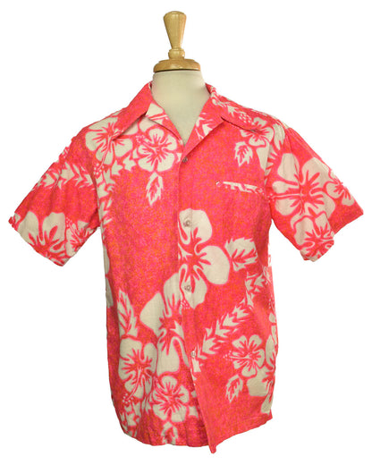 Vintage 70s Pomare Tahiti Hawaiian Honolulu Electric Pink Shirt Made in Hawaii Size L