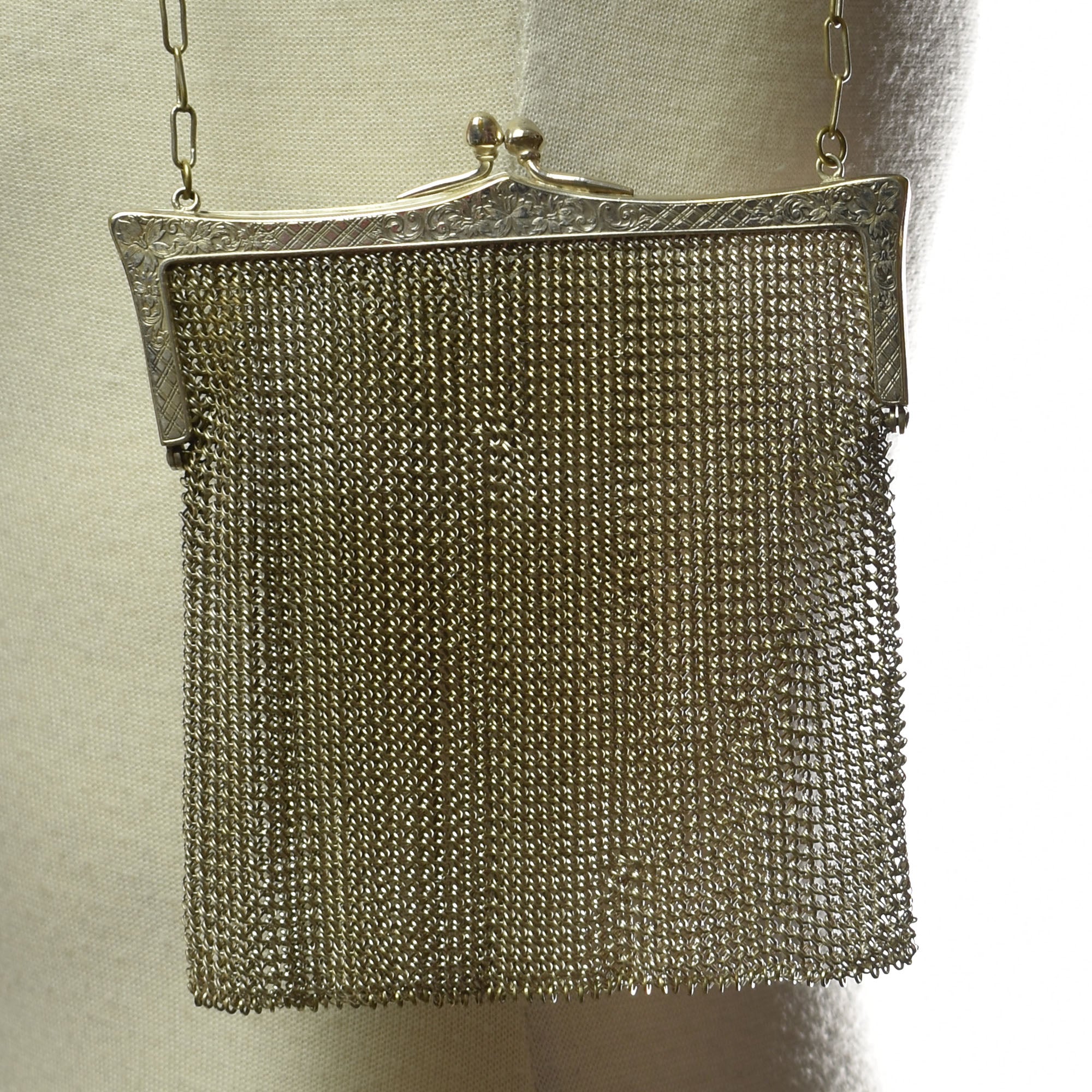 A German silver mesh purse, circa 1900, ​stamped German Silver , 17cm wide,  270 grams