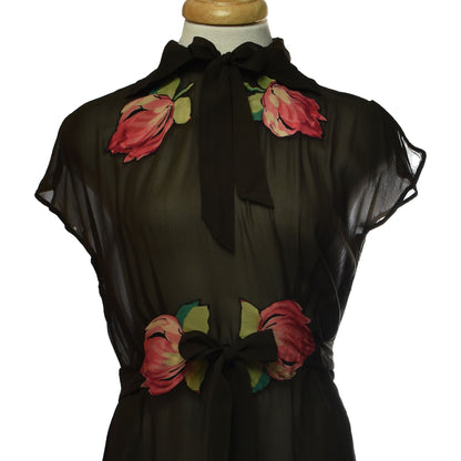 Vintage 30s 40s Brown Floral Cap Sleeve Cotton Organza Dress With Neck Tie And Clasp Belt