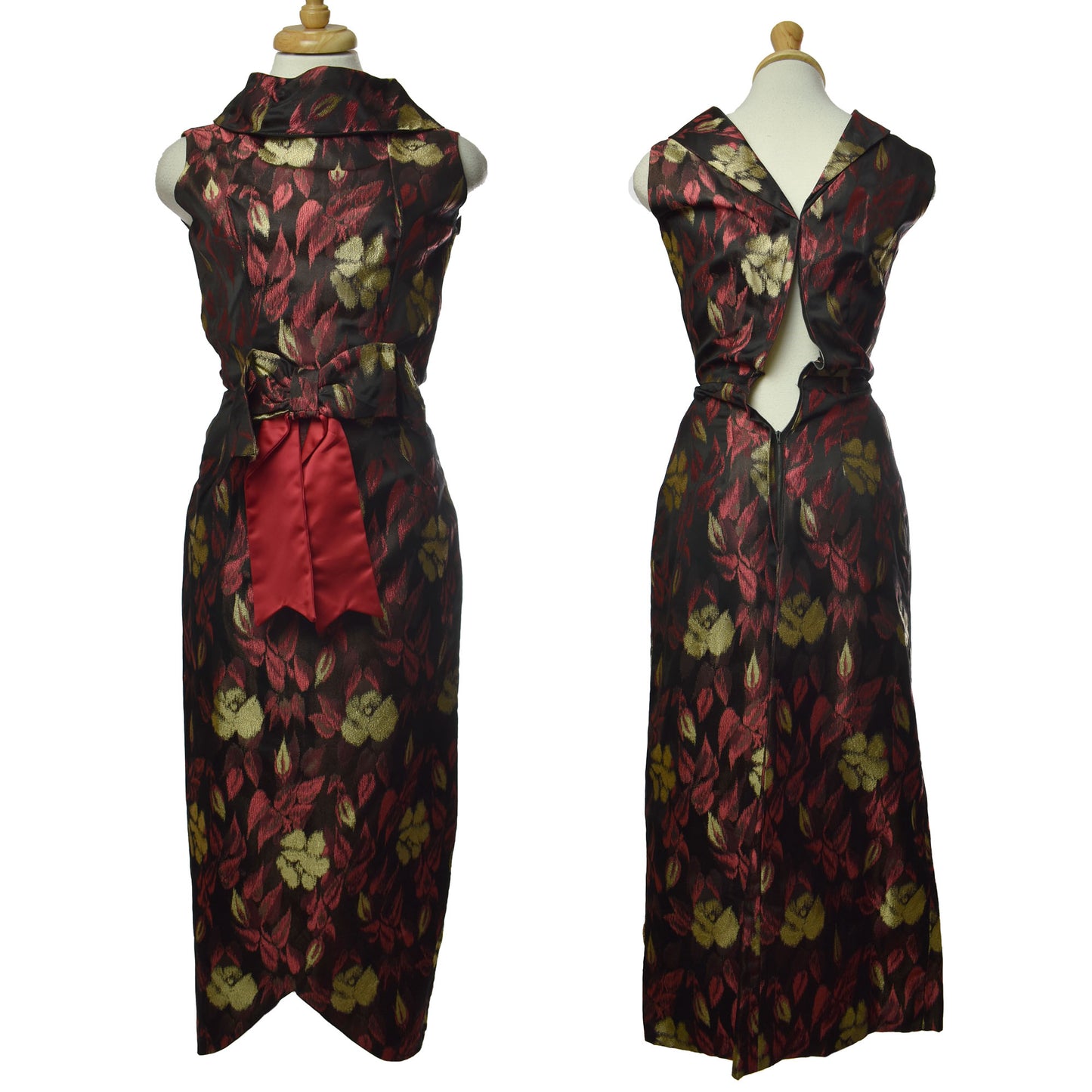Vintage 50s Satin Floor Length Rotha Exclusives Floral Gown With Bow Detail And Boat Neckline