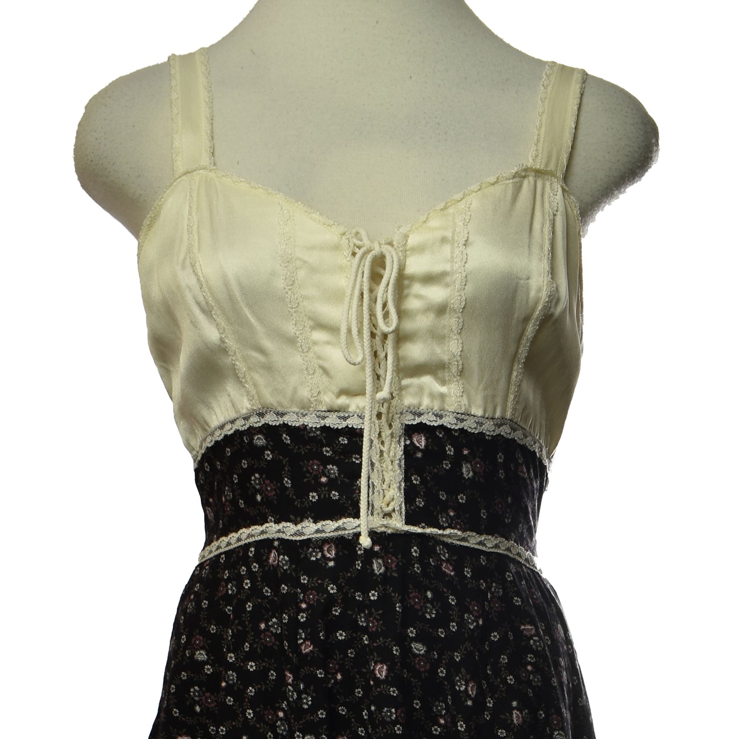 Vintage 1970's  Jessica's Gunnie's San Francisco Sleeveless Prairie Style Dress with Satin Bodice, Front Corset Style Tie and a Floral Print Floor Length Skirt with Lace Detailing