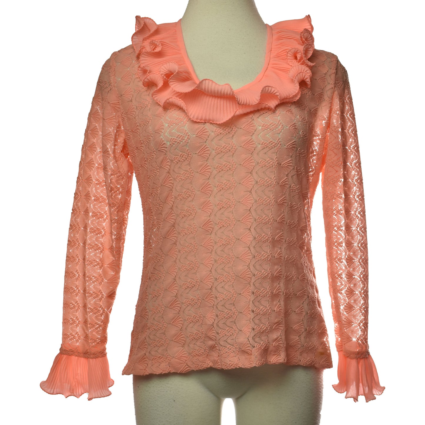 Vintage 70s Peachy Pink Scoop Neck Ruffled Collar Ruffled Sleeve Cuffed Lace Long Sleeved Sears Blouse