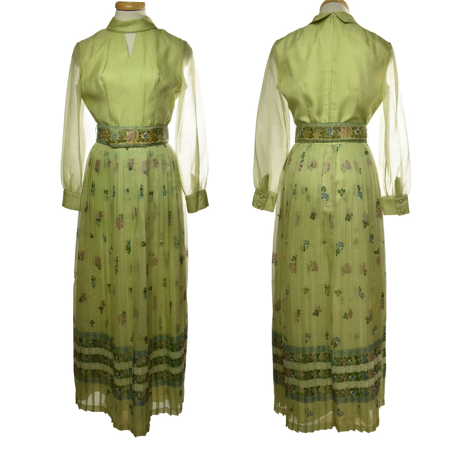 Vintage 60's/70ss Alfred Shaheen Lime Green Hawaiian Velted Screen Floral Print Pleated Dress Made in USA Size 10
