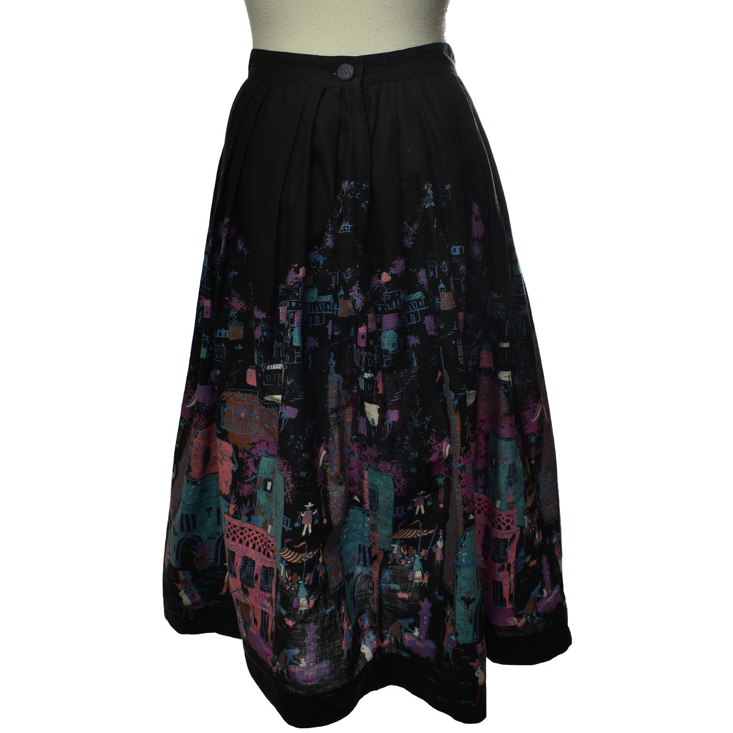 Vintage 50s Black Pleated Circle Skirt with Painted Village Life Tourist Image with Talon Zipper