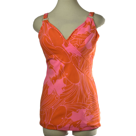 Vintage 1960's Pink and Orange One Piece Jantzen Swimsuit with Open Back, Built in Bra