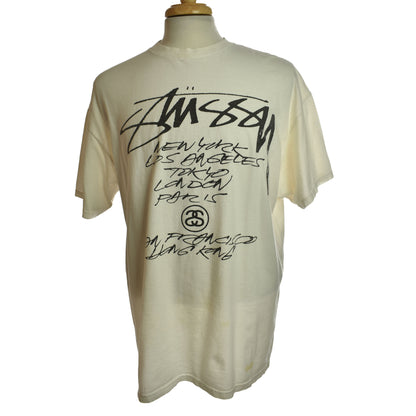 Stussy White Tee "New York, Los Angeles, Tokyo, London, Paris, San Francisco, Brooklyn" Tee- Size XL