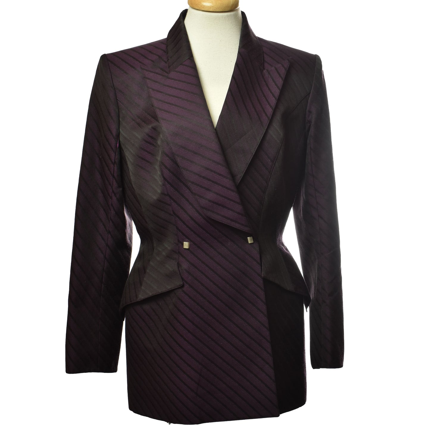 Vintage 90s/00s Thierry Mugler Couture Purple Striped Shawl Collar Flap Pockets Button Closure Blazer - Made in France - Size 42