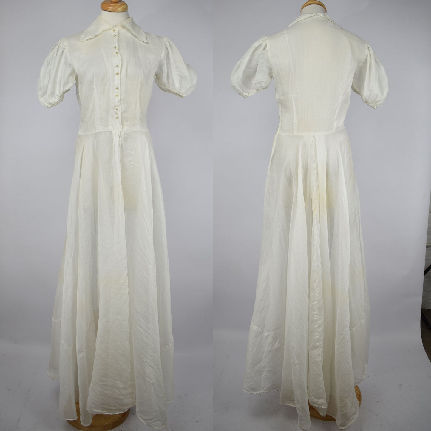 Vintage 1940s / 1950s Button Up A-Line Collared Linen Cotton Blend Dress with Peasant Sleeves