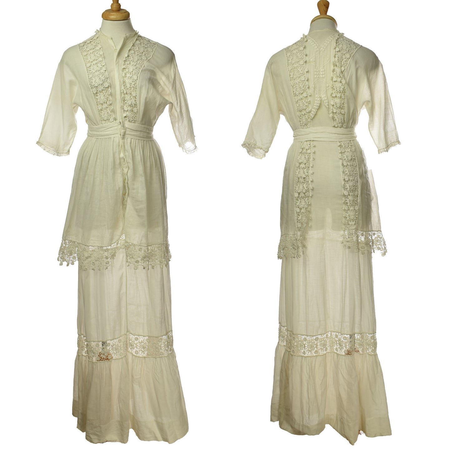 Antique Edwardian White Cotton & Lace Gown Peplum Skirt Prairie Folk Wedding